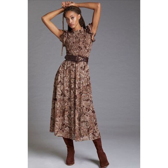 Moon River Dresses & Skirts - Moon River Tiered Ruffle Midi Dress Neutral Motif Brown Size S